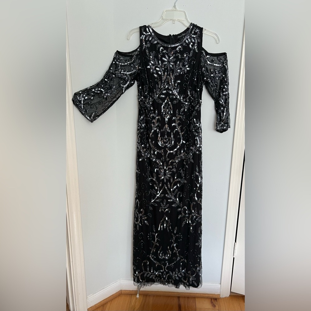 Crew Neck Beaded Sequin Cold Shoulder 3/4 Sleeve A-Line Gown - Picture 2 of 6